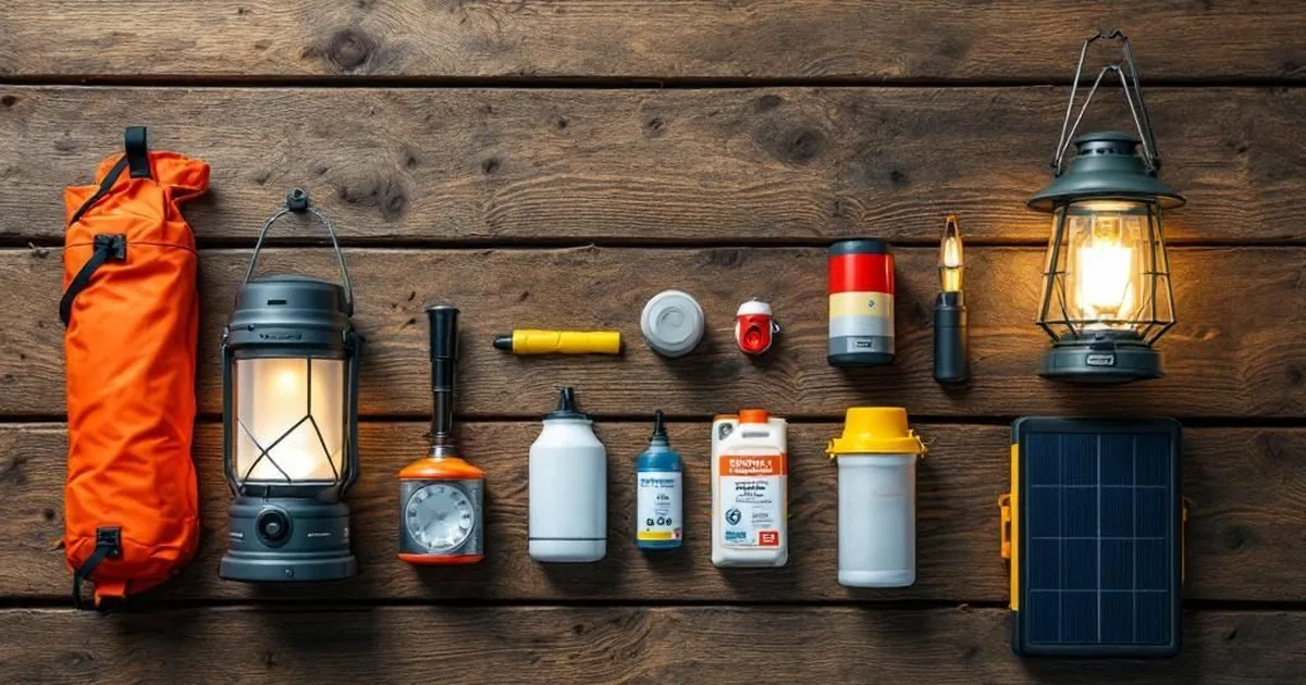 Eine Sammlung verschiedener Notbeleuchtungsmittel, darunter LED-Laternen, Taschenlampen, Kerzen und eine Petroleumlampe, ordentlich auf einem Tisch arrangiert.