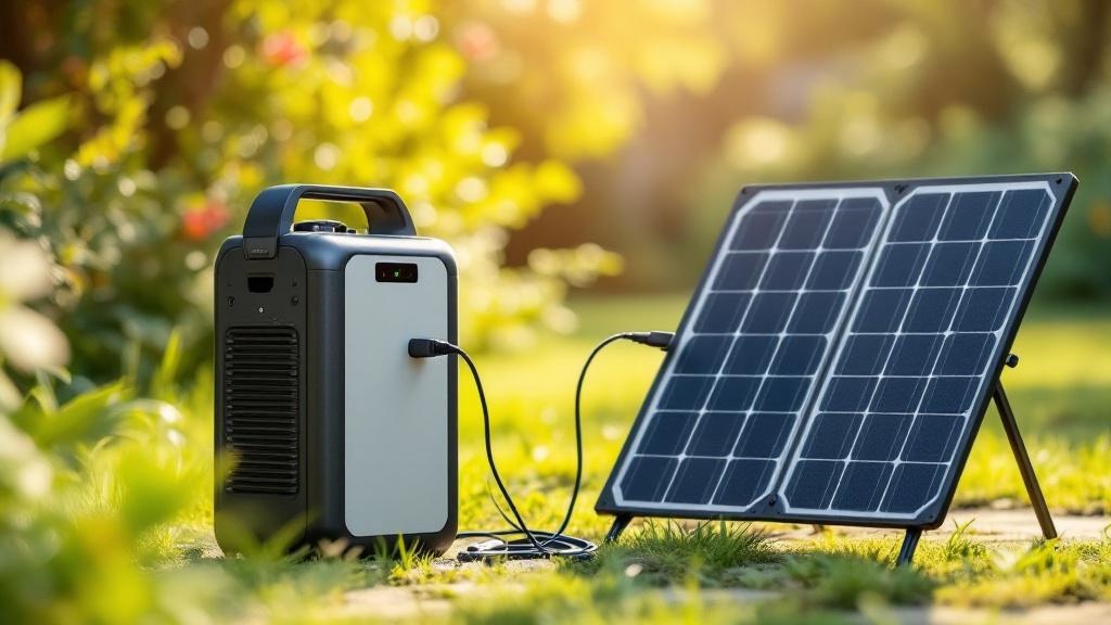 Eine Solaranlage lädt eine Powerstation im Freien, symbolisiert autarke Energieversorgung