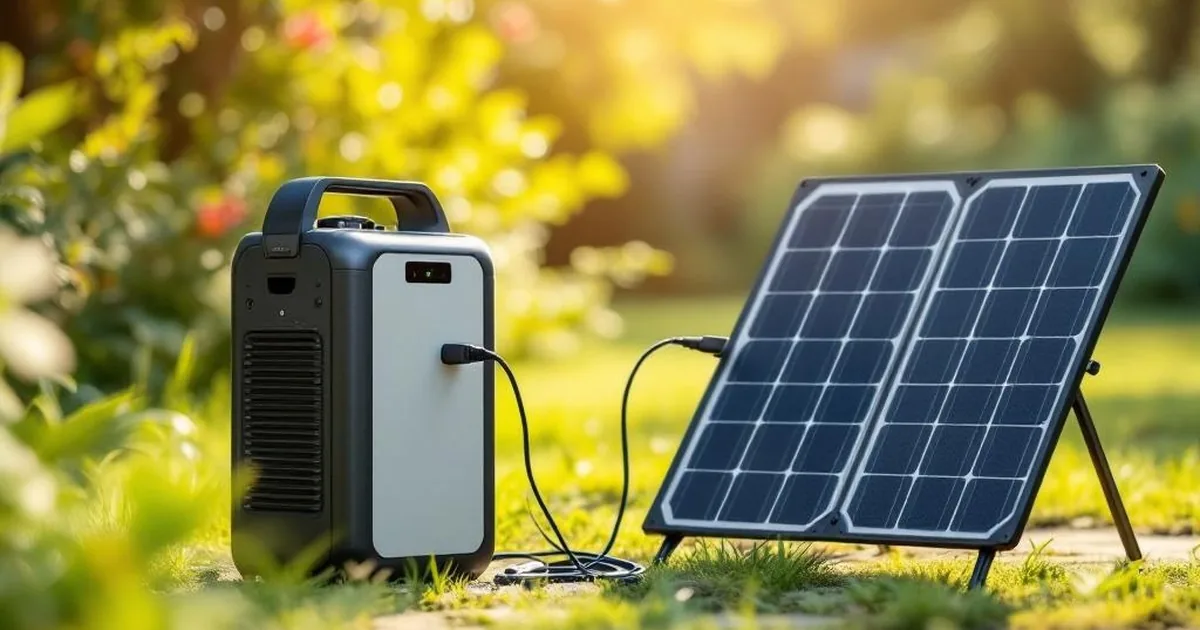 Eine Solaranlage lädt eine Powerstation im Freien, symbolisiert autarke Energieversorgung