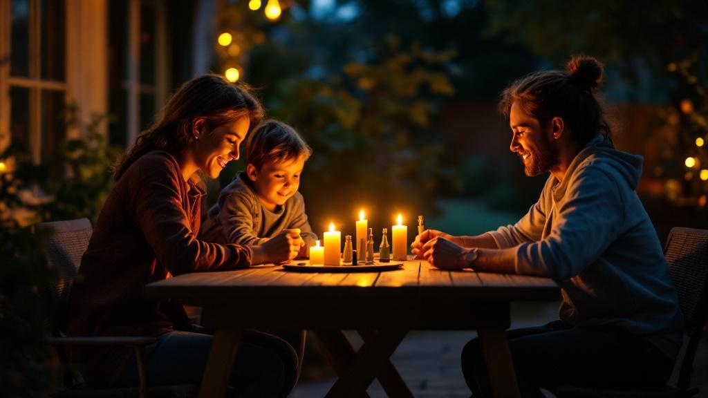 Familie spielt Gesellschaftsspiel bei Kerzenschein