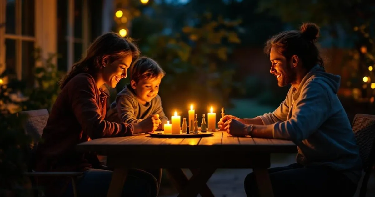 Familie spielt Gesellschaftsspiel bei Kerzenschein