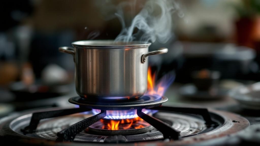 Eine Nahaufnahme eines brennenden Spirituskochers mit einem kleinen Topf darauf, der Wasser erhitzt. Der Hintergrund ist leicht unscharf, um den Fokus auf den Kocher zu legen.