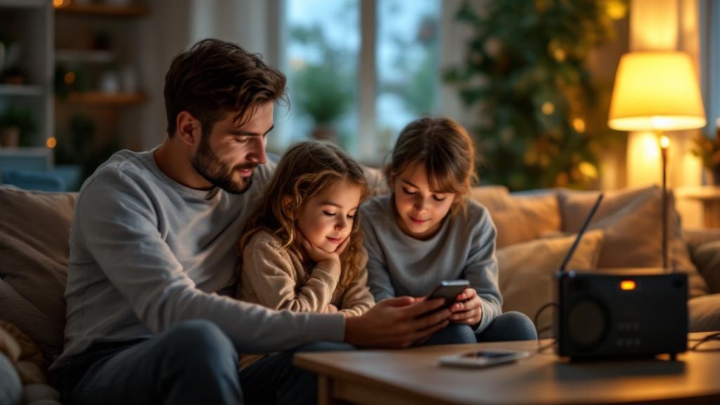 Familie hört Kurbelradio bei Kerzenlicht