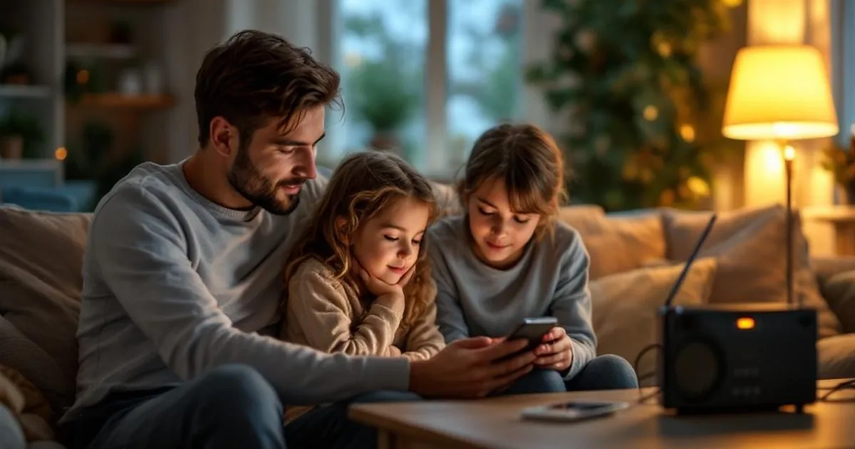 Familie hört Kurbelradio bei Kerzenlicht