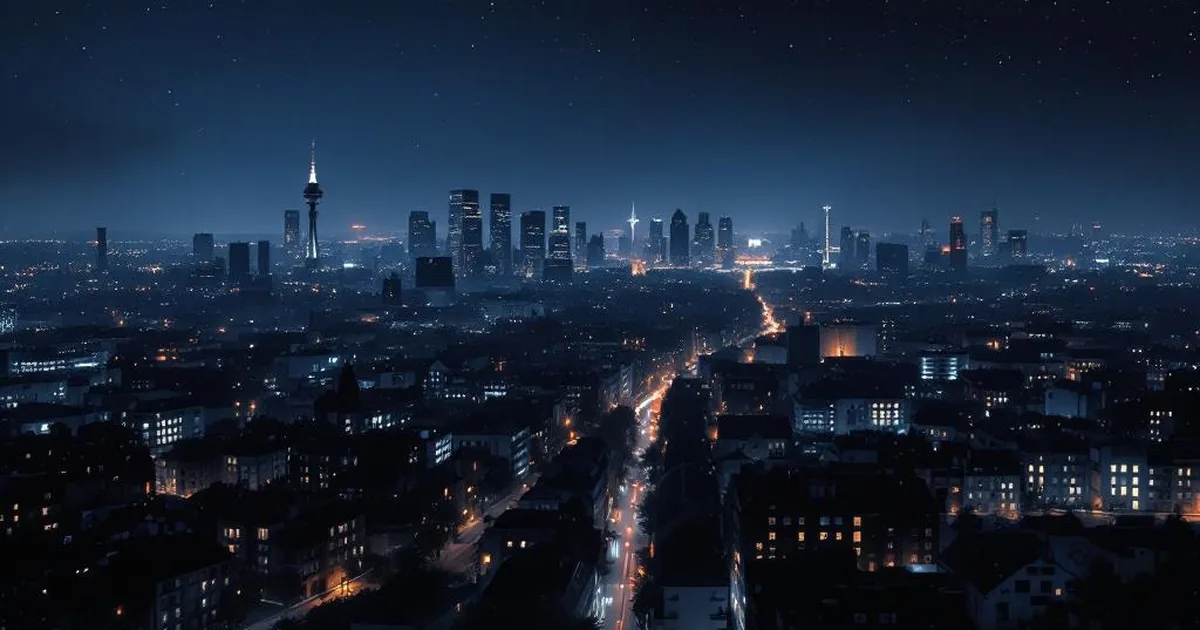 Dunkle Stadtansicht mit einzelnen Lichtern