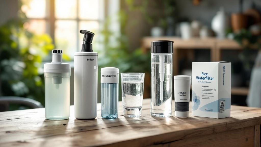 Verschiedene Wasserfilter-Typen nebeneinander auf einem Tisch, darunter ein Pumpfilter, ein Strohfilter und eine Flasche mit integriertem Filter.