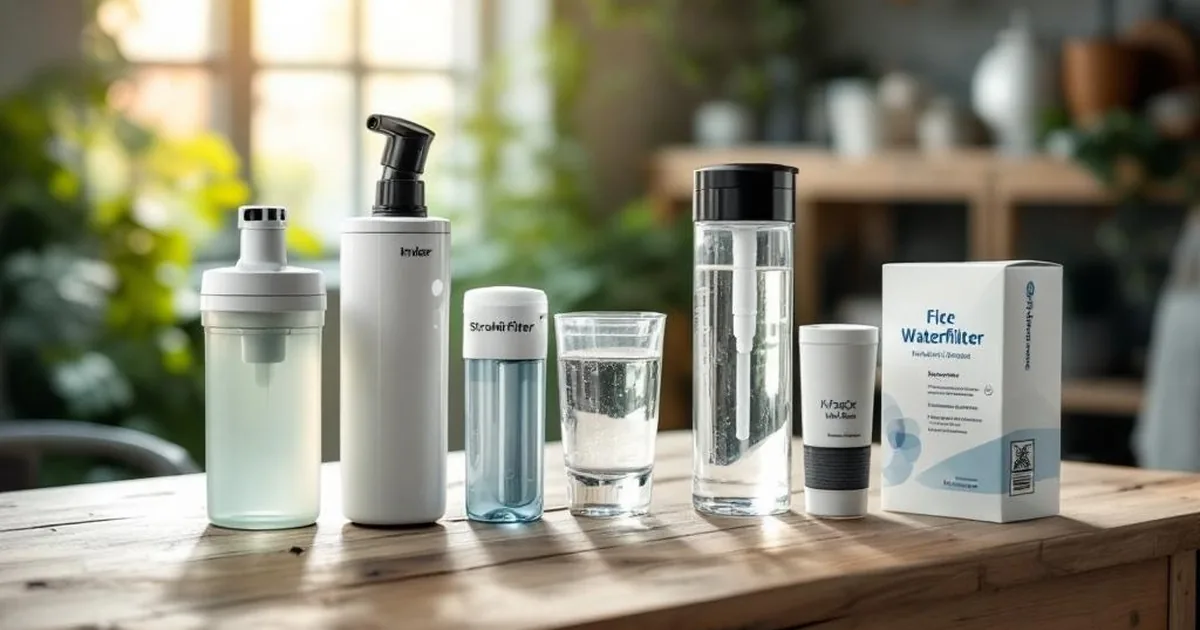 Verschiedene Wasserfilter-Typen nebeneinander auf einem Tisch, darunter ein Pumpfilter, ein Strohfilter und eine Flasche mit integriertem Filter.